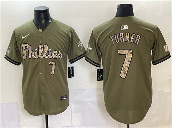 Men's Philadelphia Phillies 7 Trea Turner Olive 2026 Armed Forces Day Stitched Jersey
