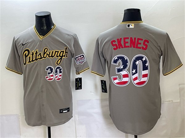 Men's Pittsburgh Pirates 30 Paul Skenes Gray USA 250 Fourth of July Stitched Baseball Jersey