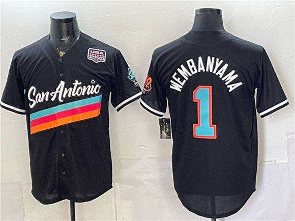 Men's San Antonio Spurs 1 Victor Wembanyama Black USA 250' Patch City Edition Stitched Baseball Jersey
