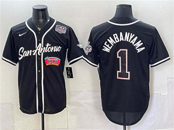 Men's San Antonio Spurs 1 Victor Wembanyama Black USA 250' Patch Stitched Baseball Jersey