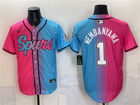 Men's San Antonio Spurs 1 Victor Wembanyama Pink Blue Limited Stitched Baseball Jersey