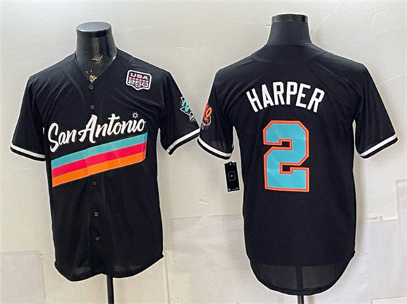 Men's San Antonio Spurs 2 Dylan Harper Black USA 250' Patch City Edition Stitched Baseball Jersey Men's San Antonio Spurs 2 Dylan Harper Black USA 250' Patch City Edition Stitched Baseball Jersey