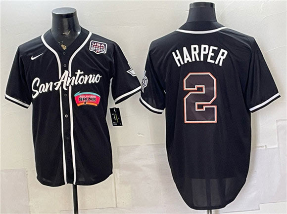Men's San Antonio Spurs 2 Dylan Harper Black USA 250' Patch Stitched Baseball Jersey