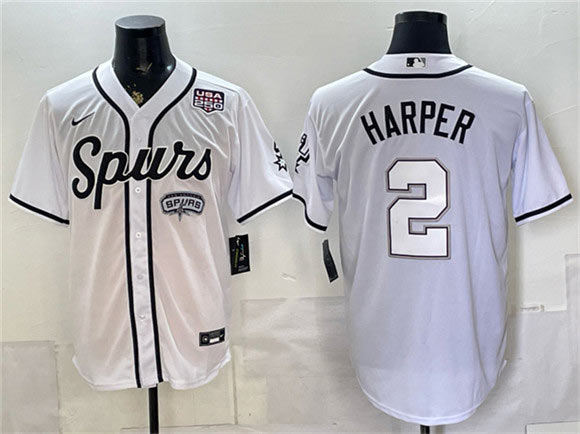 Men's San Antonio Spurs 2 Dylan Harper White USA 250' Patch Stitched Baseball Jersey