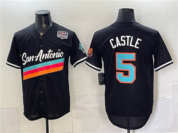 Men's San Antonio Spurs 5 Stephon Castle Black USA 250' Patch City Edition Stitched Baseball Jersey