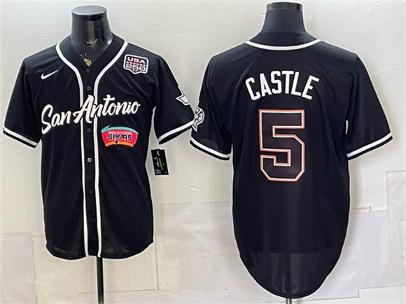 Men's San Antonio Spurs 5 Stephon Castle Black USA 250' Patch Stitched Baseball Jersey
