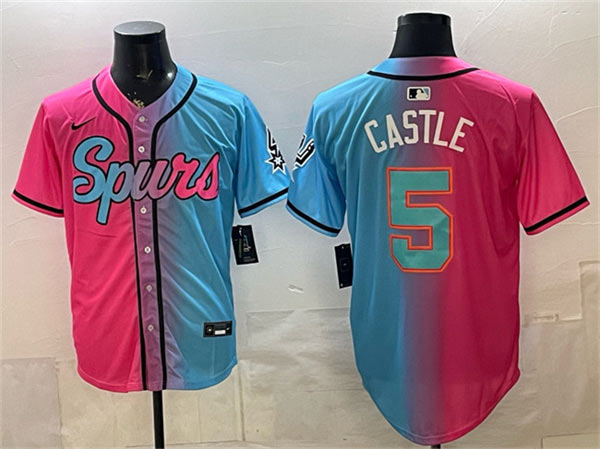 Men's San Antonio Spurs 5 Stephon Castle Pink Blue Limited Stitched Baseball Jersey
