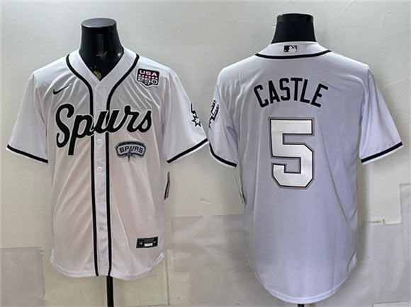 Men's San Antonio Spurs 5 Stephon Castle White USA 250' Patch Stitched Baseball Jersey