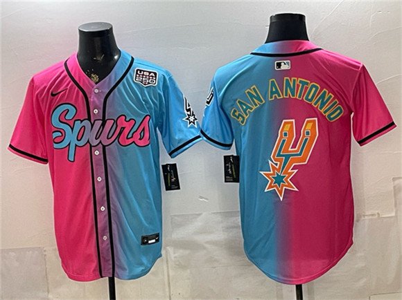 Men's San Antonio Spurs Team Big Logo Pink Blue USA 250' Patch Stitched Baseball Jersey Men's San Antonio Spurs Team Big Logo Pink Blue USA 250' Patch Stitched Baseball Jersey