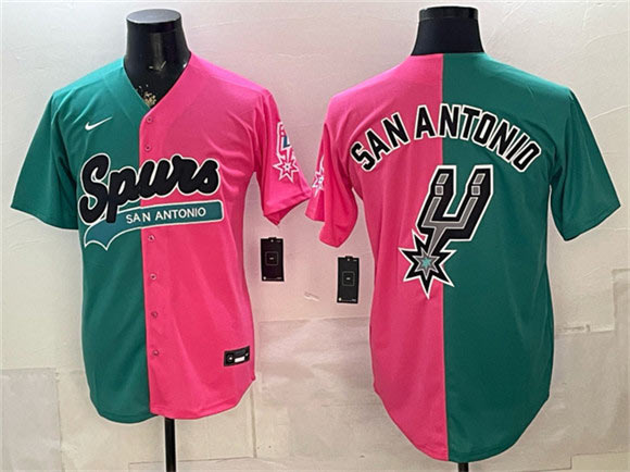 Men's San Antonio Spurs Team Big Logo Teal Pink Split Stitched Jersey
