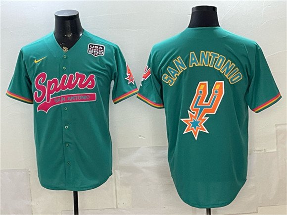 Men's San Antonio Spurs Team Big Logo Teal USA 250' Patch Stitched Baseball Jersey Men's San Antonio Spurs Team Big Logo Teal USA 250' Patch Stitched Baseball Jersey