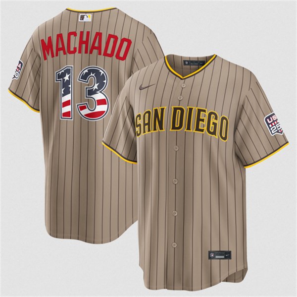 Men's San Diego Padres 13 Manny Machado Tan USA 250 Fourth of July Home Stitched Baseball Jersey