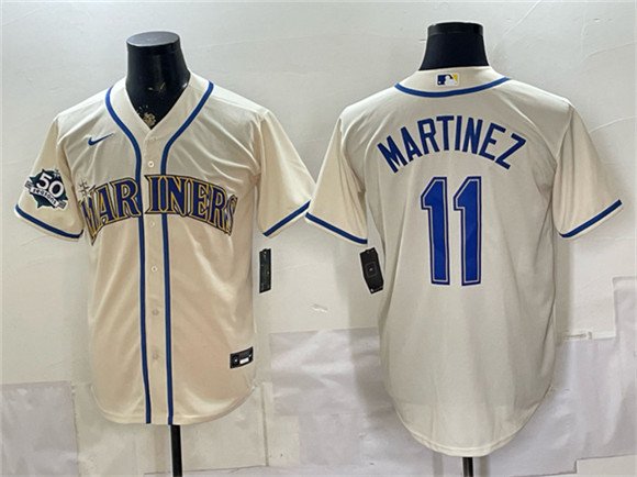 Men's Seattle Mariners 11 Edgar Martinez Cream 50th Anniversary Patch Stitched Baseball Jersey