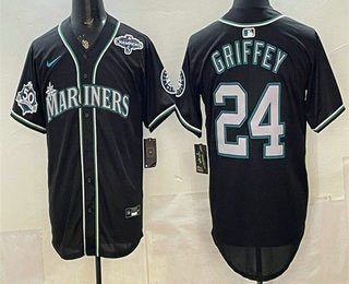 Men's Seattle Mariners 24 Ken Griffey Jr 50th Black Out Style Vapor Premier Limited Jersey