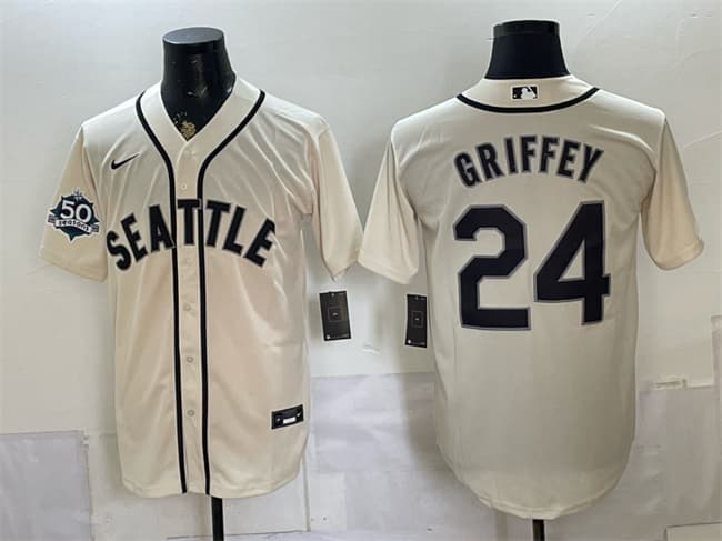 Men's Seattle Mariners 24 Ken Griffey Jr Cream 50th Anniversary Alternate Stitched Baseball Jersey