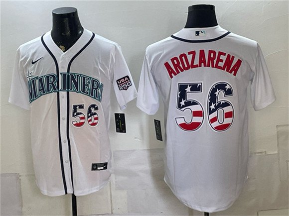 Men's Seattle Mariners 56 Randy Arozarena White USA 250 Fourth of July Home Stitched Baseball Jersey