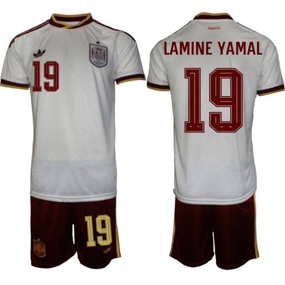 Men's Spain Team 19 Lamine Yamal Scarlet White Soccer Jersey Suit Men's Spain Team 19 Lamine Yamal Scarlet White Soccer Jersey Suit