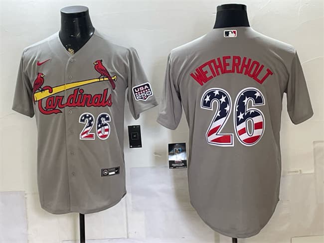 Men's St Louis Cardinals 26 JJ Wetherholt Gray USA 250 Fourth of July Stitched Baseball Jersey