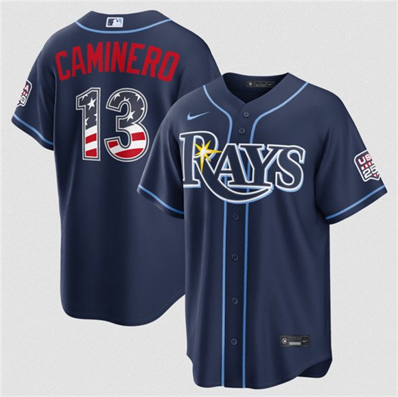 Men's Tampa Bay Rays 13 Junior Caminero Navy 2026 USA 250 Fourth of July Home Stitched Baseball Jersey