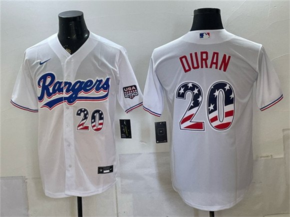 Men's Texas Rangers 20 Ezequiel Durán White 2026 USA 250 Fourth of July Home Stitched Baseball Jersey
