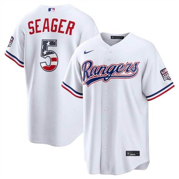 Men's Texas Rangers 5 Corey Seager White 2026 USA 250 Fourth of July Home Stitched Baseball Jersey