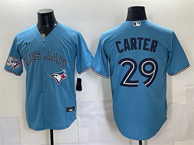 Men's Toronto Blue Jays 29 Joe Carter Blue 50 Seasons Patch Stitched Baseball Jersey