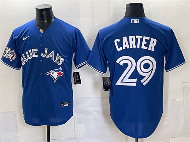 Men's Toronto Blue Jays 29 Joe Carter Royal 50 Seasons Patch Stitched Baseball Jersey
