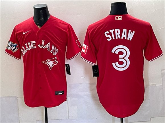 Men's Toronto Blue Jays 3 Myles Straw Red 50 Seasons Patch Stitched Baseball Jersey