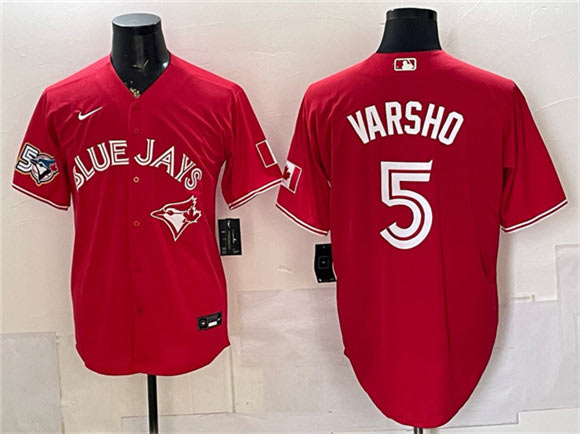 Men's Toronto Blue Jays 5 Daulton Varsho Red 50 Seasons Patch Stitched Baseball Jersey Men's Toronto Blue Jays 5 Daulton Varsho Red 50 Seasons Patch Stitched Baseball Jersey