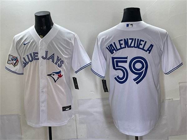 Men's Toronto Blue Jays 59 Brandon Valenzuela White 50 Seasons Patch Stitched Baseball Jersey