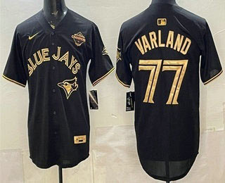 Men's Toronto Blue Jays 77 Louis Varland Black Gold 2025 American League Champions Limited Jersey
