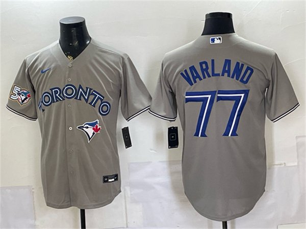 Men's Toronto Blue Jays 77 Louis Varland Gray 50 Seasons Patch Stitched Baseball Jersey