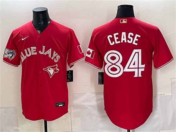 Men's Toronto Blue Jays 84 Dylan Cease Red 50 Seasons Patch Stitched Baseball Jersey