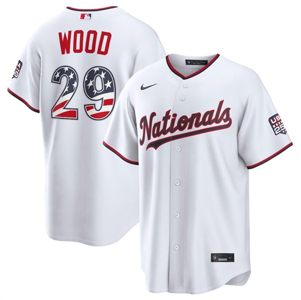 Men's Washington Nationals 29 James Wood White USA 250 Fourth of July Home Stitched Baseball Jersey