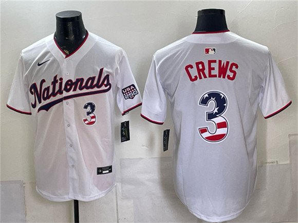 Men's Washington Nationals 3 Dylan Crews White USA 250 Fourth of July Home Stitched Baseball Jersey