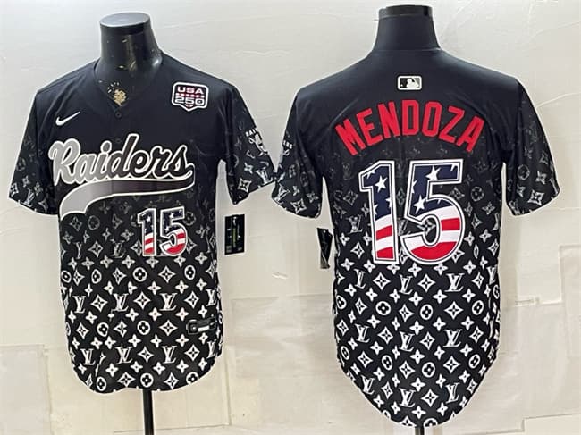 Mens Las Vegas Raiders 15 Fernando Mendoza Black USA 250 Fourth of July Vapor Limited Stitched Baseball Jersey Mens Las Vegas Raiders 15 Fernando Mendoza Black USA 250 Fourth of July Vapor Limited Stitched Baseball Jersey