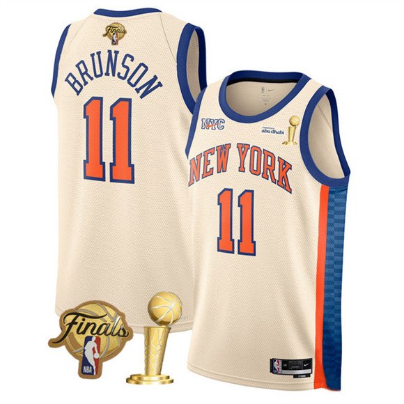 New Yok Knicks 11 Jalen Brunson Cream 2026 Finals Patch And Finals Champions Patch City Edition Stitched Basketball Jersey