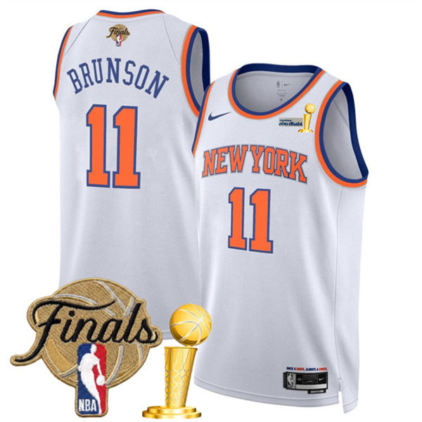 New Yok Knicks 11 Jalen Brunson White 2026 Finals Patch And Finals Champions Patch Association Edition Stitched Basketball Jersey