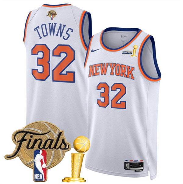New Yok Knicks 32 Karl Anthony Towns White 2026 Finals Patch And Finals Champions Patch Association Edition Stitched Basketball Jersey