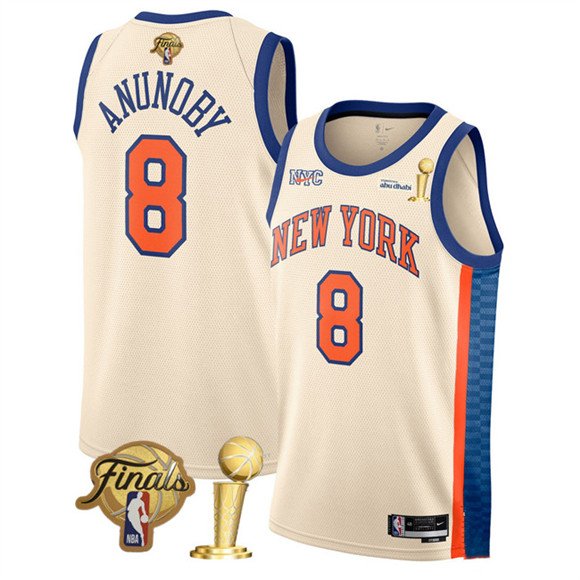 New Yok Knicks 8 OG Anunoby Cream 2026 Finals Patch And Finals Champions Patch City Edition Stitched Basketball Jersey