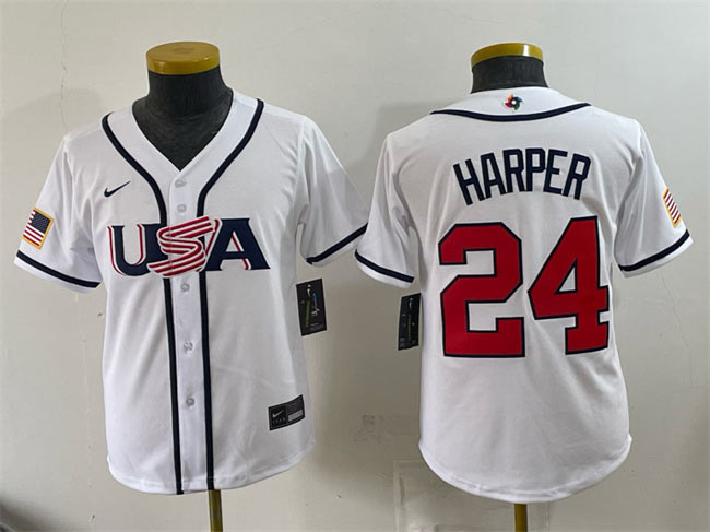 Youth USA Baseball 24 Bryce Harper White 2026 World Baseball Classic Home Stadium Stitched Baseball Jersey